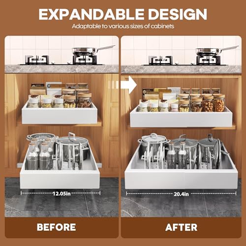 Seinloes 4Pack Expandable Pull Out Cabinet Organizer 21"Deep with Raising Pad for Framed Cabinets,Slide Out Drawers with 4pcs Divider Racks,Roll Out Shelves Adhesive,Adjustable Width 12.05"-20.4"White - color: White, size: 21"D x 12.05"-20.4"W(4Pack)