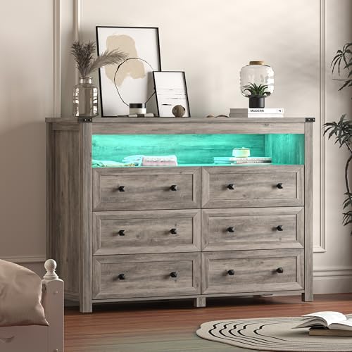 Dresser for Bedroom with 6 Drawers, Wide Chest of Drawers with LED Light and Power Outlet, Wooden Closet Organizer Clothes Storage Cabinet, Modern Double Dressers for Living Room, Hallway, Grey - color: Grey, size: 15.8"D x 47.2"W x 39.4"H (6 Drawers)