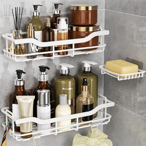 OMAIRA 3-Pack Shower Caddy with Soap Holder, Adhesive Rustproof No-drill Strudy Loading Inside Shower Organizer Shelves Rack Storage Bathroom Organization for Smooth Wall Glass Tile, White (X-Large) - color: 3PCS White - XX Large