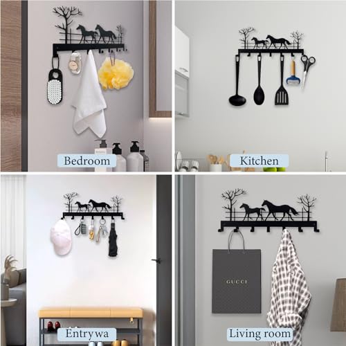 Metal Horse Key Holder for Wall,Metal Key Organizer Wall Decorative with 7 Hooks,Black Wall Mount Key Holder for Entryway,Front Door,Hallway,Office - color: Horse