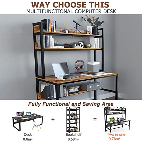 Aquzee Computer Desk with Hutch, 47“W x 23.6" D Desk with Shelves, Tall Home Office Desk with Bookshelf, Metal Legs Study Table with Upper Storage Shelf for Study Writing/Workstation - color: Brown, size: 47inch