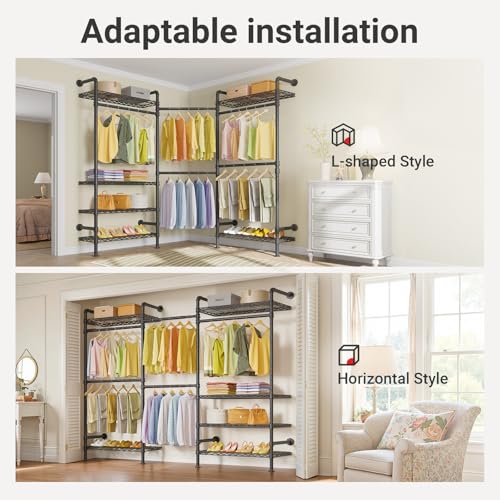 Timate F3 Garment Rack Heavy Duty Clothes Rack for Hanging Clothes, Expandable Industrial Pipe Wall Mounted Clothing Racks, Adjustable Storage Wardrobe Closet Kit Walk in Closet Systems, Black - color: Black, size: F3