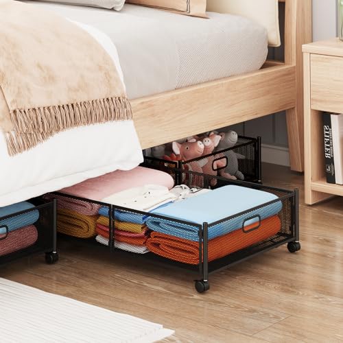 Gawerk Under Bed Storage with Wheels, Foldable Metal Mesh Underbed Storage Container Bins, Tool-free Assembly Clothes Drawer Organizer, 2Pack - color: White