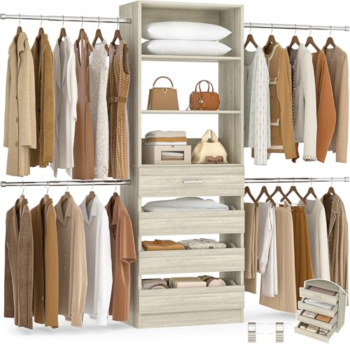 Aheaplus 4-9Ft Closet System, Closet Organizer with 4 Wooden Drawers, Wood Closet Organizer System with Tower, Walk-in Closet Organizer Wardrobe and Storage with 4 Hanging Rods, White Oak - color: White Oak-1Set