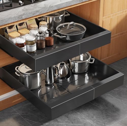 Seinloes 2 Pack Expandable Pull Out Cabinet Organizer 16.5"Deep With Raising Pad for Framed Cabinets,Upgrade 3 Slide Rails Slide Out Drawers,No Drill Roll Out Shelves,Adjustable Width 12.2"-20.4"Black - color: Black, size: 16.5"D x 12.2"-20.4"W(2Pack)