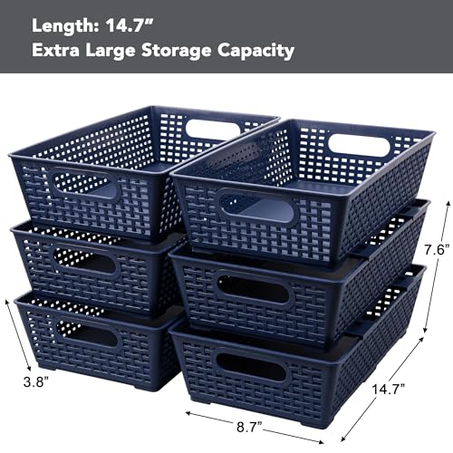 Tiawudi Stackable Woven Plastic Basket, Storage Bins for Cabinet, Closet, Shelf, Under Sink and Countertop, Pantry Organizer Bins, 6 Pack - color: Dark Blue