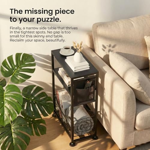 Skinny Side Table with Storage, 3 Tier Slim Side Tables for Small Spaces, Skinny End Table Narrow Bedside Table Narrow Side Table for Living Room, Bedroom - color: Black