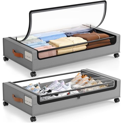 LAMU Under Bed Storage with Wheels, 2 Pack Under Bed Storage Containers with Clear Lid, XXL 60L Underbed Storage Bins, Rolling Under Bed Metal Drawers for Clothes, Blankets, Shoes, Grey - color: Grey, size: 2 Pack