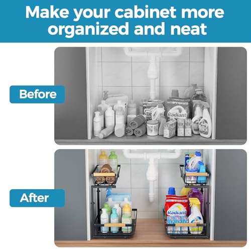 Under Sink Organizer, 2 Pack 2 Tier Under Sink Organizers and Storage, Pull Out Slide Out Under Cabinet Organizer Shelf, Large Metal Sliding Drawers Rack for Kitchen Bathroom.