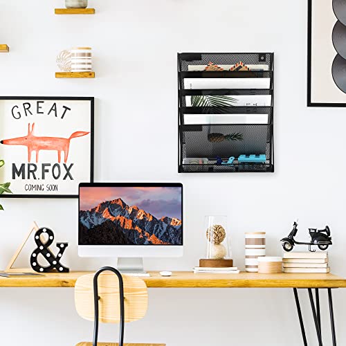 EASEPRES Desk File Organizer Mesh 6-Tier, Hanging Wall Mount Document Organization Stand, Desktop Vertical Mail Paper Folder Holder Rack with Bottom Tray for Office Home Cubicle Countertop, Black - color: Black, size: 6 Tier