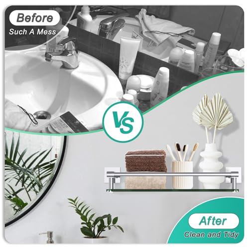 Glass Shelves for Wall, Chrome Stainless Steel & Tempered Glass Glass Shelf for Bathroom, Shelf Sink Over Toilet Bathroom Organizer (16-inch, Polished) - color: Chrome Polished, size: 16'' with Railing