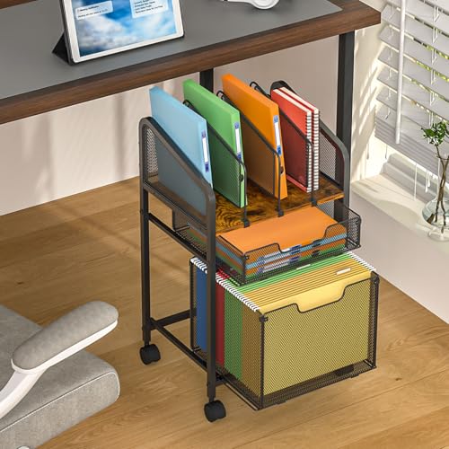 Tiaoheka Rolling File Cabinet with Adjustable Dividers, Mobile Filing Cabinet with 2 Storage Drawers on Lockable Wheels, Hanging File Organizer Beside Under Desk for Office, Home（Patent Pending） - color: Black, size: Large - File Cabinet