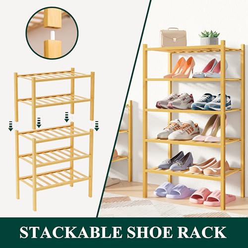 Smiry Bamboo Shoe Rack for Closet, 5 Tier Small Wooden Stackable Shoe Organizer, Free Standing Shoes Storage Shelf for Entryway, Front Door Entrance, Natural - color: Natural, size: 5 Tier - Small