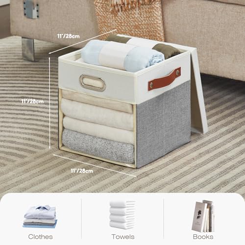 Ultra Thick Fabric Storage Cubes with Lids & Windows, 11-Inch Foldable Closet Storage Bins with 3 Handles, Home Decorative Boxes for Bedroom, Living Room, Dorm, Office (Gray & White) - color: Gray&White, size: 11"L x 11"W x 11"H