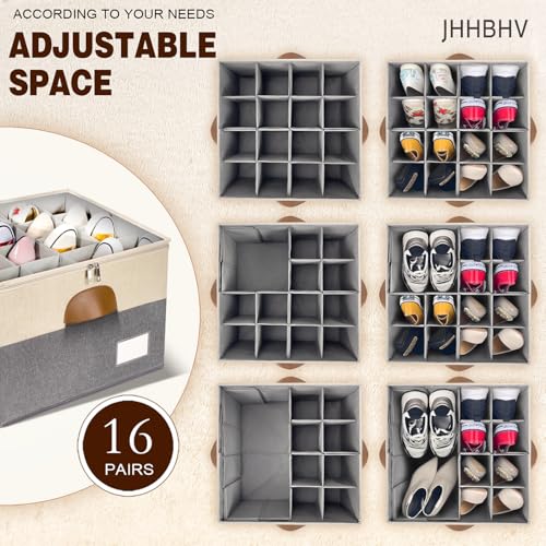2 Pack Shoe Organizer for Closet, Adjustable Shoe Box Storage Containers, Large Foldable Shoe Bins with Clear Cover, Space Saving Shoes Holder with 4 Handles, Fits 16-32 Pairs, Beige - color: Beige and Grey, size: (2 Pack) 17"L x 17"W x 12 ½"H