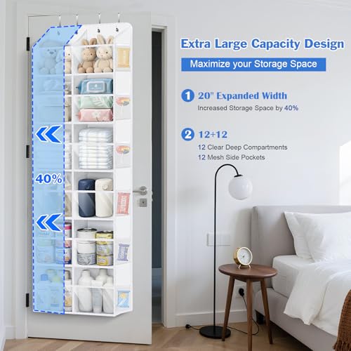Univivi Over the Door Organizer, 6 Tiers Behind Door Storage with Clear Deep Pockets Hanging Organizer for Closet, Bedroom, Nursery, Bathroom and Sundries (White) - color: White