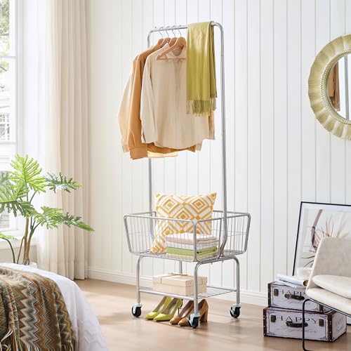 Tajsoon Laundry Cart with Hanging Rack, Metal Rolling Laundry Cart with Wheels and Storage Basket, Silver - color: Silver