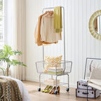 Tajsoon Laundry Cart with Hanging Rack, Metal Rolling Laundry Cart with Wheels and Storage Basket, Silver - color: Silver