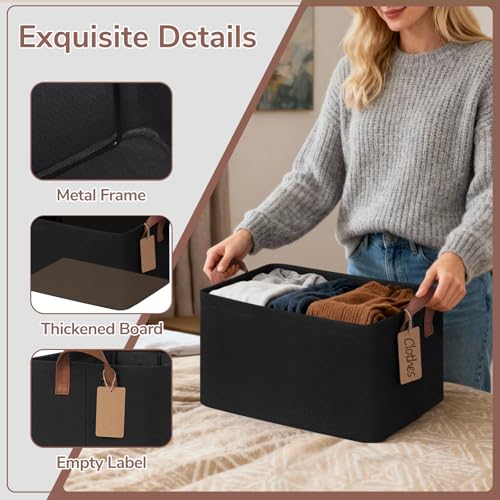 CHICVITA 4 Pack Storage Baskets for Shelves, Collapsible Fabric Closet Storage Bins with Metal Frame, Towel Organizer for Living Room, 14.8" x 10.3" x 8.3", Black - color: Black, size: 20L (14.8"L x 10.3"W x 8.3"H)