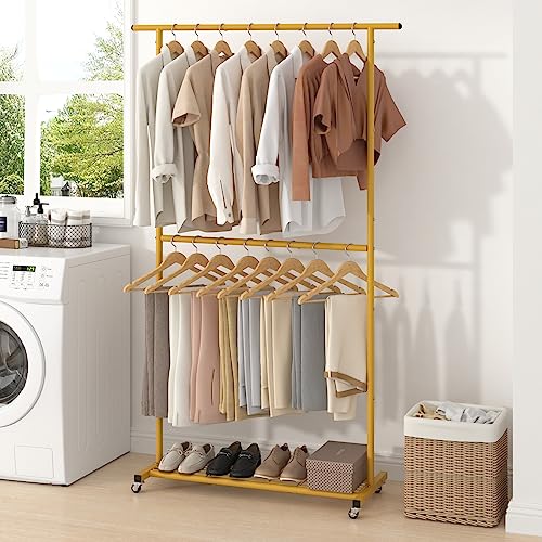 Sywhitta Double Rod Clothing Garment Rack, Rolling Coat Hanger with Bottom Mesh, Clothing Rack for Hanging Clothes, Coats, Skirts, Sweaters, Gold - color: Gold, size: With mesh