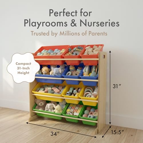 Humble Crew, Natural/Primary Kids' Toy Storage Organizer with 12 Plastic Bins, 34*35*15.5inch - color: Natural/Primary