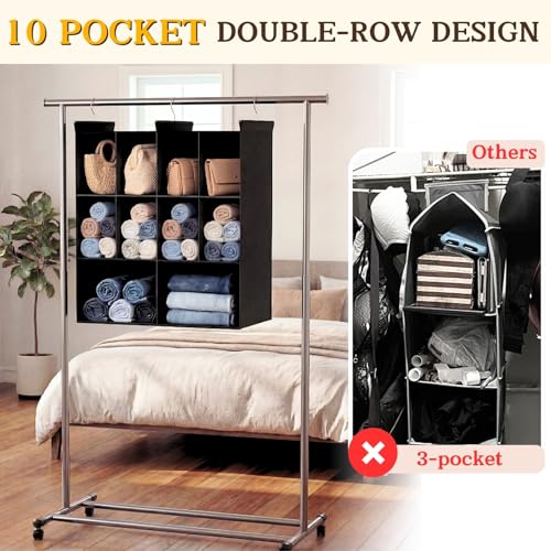 Ofiray-home 3 Tier Hanging Closet Organizer, 10 Compartments Sweater Organizer for Closet with 3 Sturdy Hooks, Closet Organizers and Storage, Wardrobe, Rv, Garment Rack, Black - color: Black, size: 3-Tier