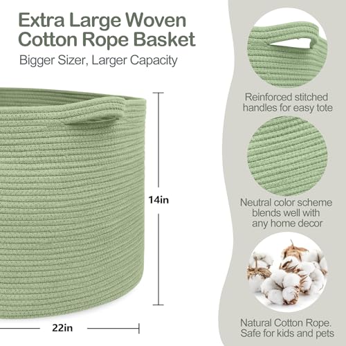 MEGASKET Extra Large Green Basket, 22" X 22" X 14" Woven Cotton Rope Baskets for Blankets, Nursery Laundry Basket, Cute Kids Toy Storage Bin, Green Living Room Bedroom Decor Baskets for Organizing - color: Green, size: 22"x22"x14"