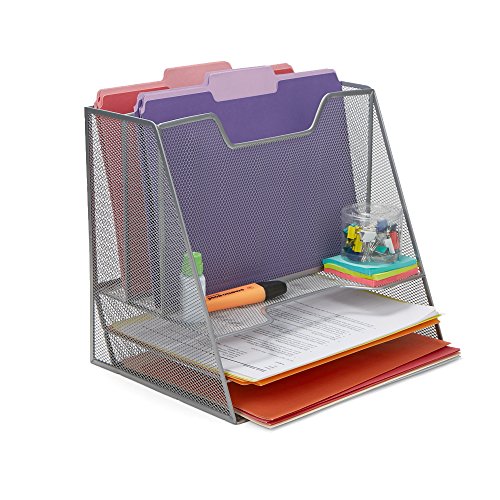 Mind Reader Metal Mesh Desktop File Organizer, 3-Tier Paper Tray with 5 Compartments, Office Mail Sorter, Silver - color: Silver