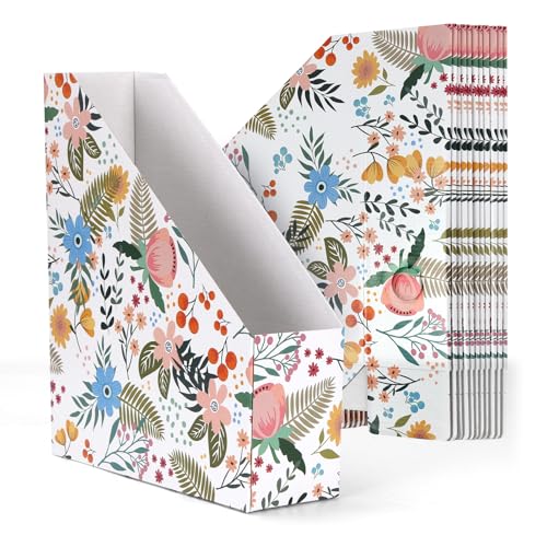 EXYGLO 12 Pack Magazine File Holder, Cardboard Magazine Rack with Label, Foldable Storage Organizer Box for Book, Documents, Floral Design, 9.9x3.3x12 Inches - color: Floral