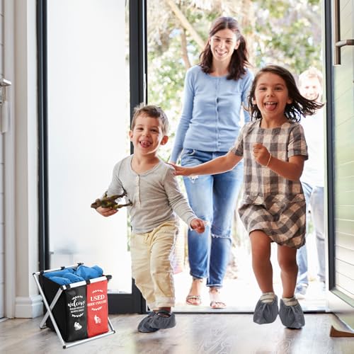 Wonderjune Foldable Disposable Shoe Cover Box Dispenser Fabric Storage Bin Holder with Used Shoe Covers and Welcome Please or Remove Sign for Open House Supplies(Black, Red) - color: Black, Red