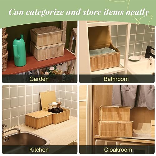 Wicker Basket With Lid Bamboo Storage Box for Shelf Bamboo Decor Storage Boxes With Lids-Rectangle Decorative Basket With Lid Organizer for Bedroom,Living Room (Set of 4,natural) - color: Natural