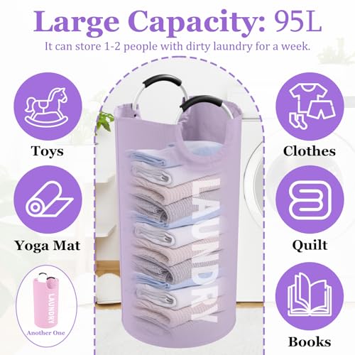2Pcs 95L Purple + Pink Laundry Basket, Folding Laundry Hampers for Women with Soft Handles, Freestanding Dirty Clothes Basket, Sturdy Oxford Fabric Clothes Hampers for Travel, Dormitory - color: Purple + Pink, size: L-95L