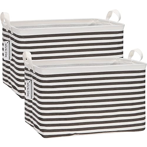 Sea Team 2-Pack Collapsible Canvas Fabric Storage Basket with Handles, Rectangle Waterproof Storage Bin, Box, Cube, Foldable Shelf Basket, Closet Organizer, 16.5 x 11.8 x 9.8 Inches, Black Stripe - color: Stripe/Black, size: 16.5 Inch (Pack of 2)