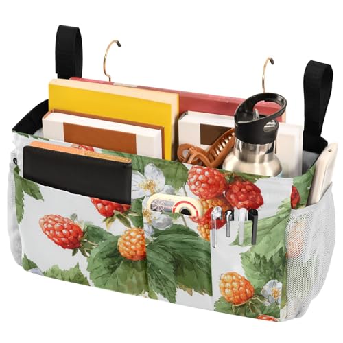 Bedside Caddy Metal Frame Hanging Organizer Bunk Bed Dorm Accessories Hook And Loop Storage Bag Large Pockets Cute Red Orange Raspberry Leaves - color: Cute Red Orange Raspberry Leaves