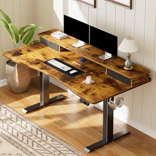 Veken 47.2"×27.6" Standing Desk with Storage Drawers, Adjustable Height Computer Table with Monitor Shelf, Home Office Desk for Study, Gaming, Workstation, Brown - color: Brown
