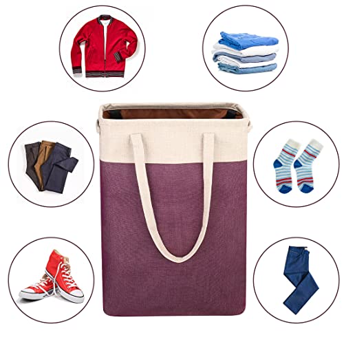 i BKGOO Laundry Basket with Handles Beige&Burgundy Slim Laundry Bin Collapsible Dirty Clothes Basket Narrow Laundry Bag Foldable Dirty Hamper for Camping, Dorms, Apartments - color: Beige&Burgundy