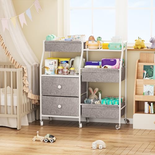 DTK Baby Diaper Caddy Organizer, 3 Tier Rolling Diaper Cart with Dividers and Drawers, Mobile Utility Baby Storage Cart with Wheels, Baby Newborn Essentials for Nursery, Bedroom, Charging Table，Crib
