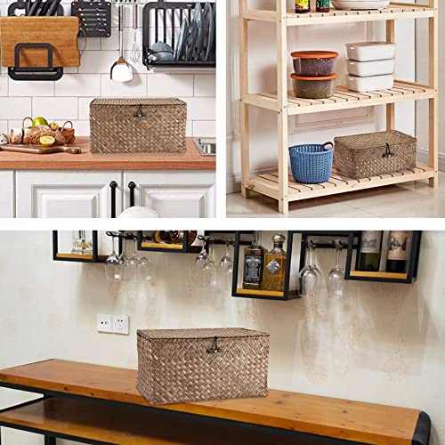 Hipiwe Wicker Shelf Baskets Bin with Lid, Handwoven Seagrass Basket Storage Bins Rectangular Household Basket Boxes for Shelf Wardrobe Home Organizer, Coffee Small - color: Coffee, size: Small