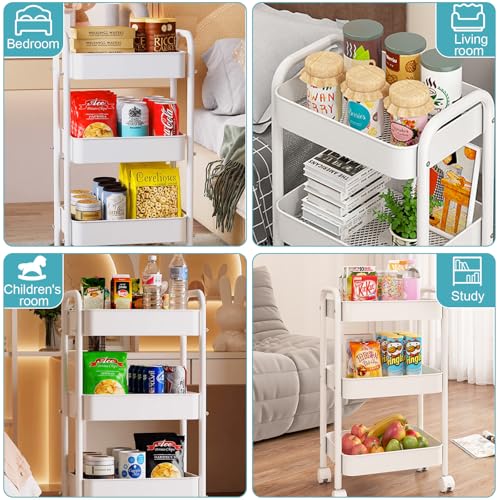 3 Tier Metal Rolling Cart, Heavy Duty Utility Storage Organizer with Lockable Wheels, Mobile Utility Cart for Livingroom, Bathroom, Kitchen, & Narrow Places, White