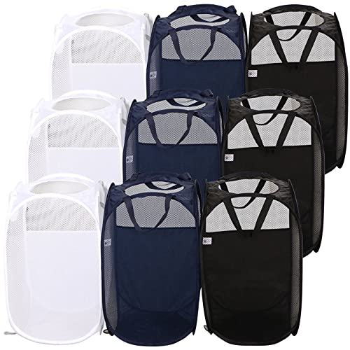 AQQA 9 Pcs Mesh Popup Laundry Hamper Set, Black/White/Blue, Durable Handles, Foldable, Sturdy Mesh Construction, Ideal for Kids, Teens, Adults, College Dorm, Camping, Hotel, Travel - color: Black/White/Blue, size: 24x14