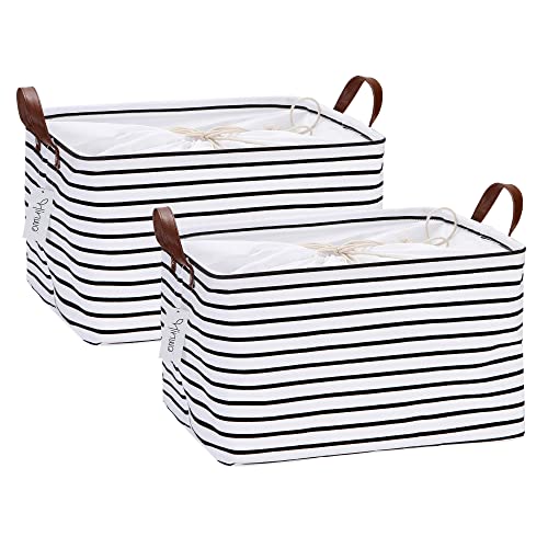 Hinwo 31L Large Storage Bins, 2-Pack Closet Organizers and Storage, Foldable Clothes Storage Baskets with Handles, Containers for Clothing, Blanket, Towels, Toys, Bedding (Black Stripe) - color: Black Stripe, size: 16.5" / 31L / 2-Pack