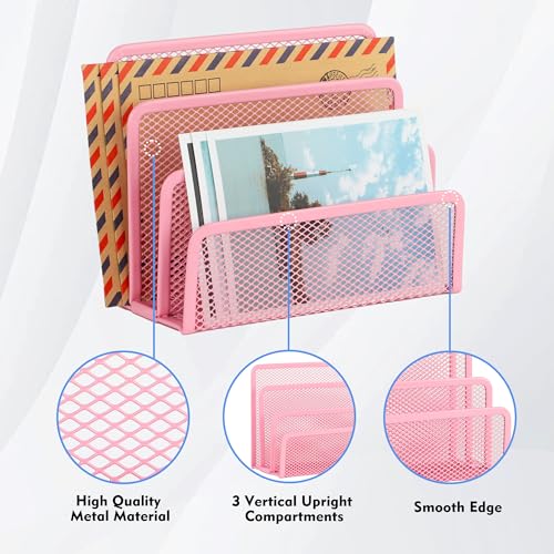 EASEPRES Desk Mail Organizer, Office Small Desktop Metal Mesh Envelope Letter Sorter Paper File Holder Organizer with 3 Vertical Upright Compartments, Pink 1 Pack - color: Pink, size: 1 Pack