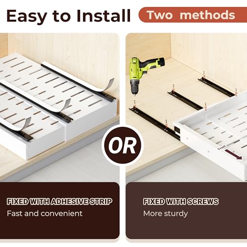 1 Pack Pull Out Cabinet Organizer, Slide Out Drawer Expandable Width (12"-19") and Depth (17"-23") With 3 Slides, Fixed with Adhesive Film and Nail for Cabinets in Kitchen, Pantry or Bathroom - color: #1 White 1 Pack, size: (12''-19'')W X (17''-23")D X 3.