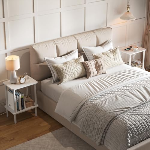 Apicizon 2 Tier End Table, Small Side Table with Charging Station, Boho Bedside Table with USB Ports and Outlets, Nightstand for Small Spaces, Bedroom, Living Room, Entryway, Easy Assembly, White - color: White, size: 1 Set, style: 2 Tier with Plug