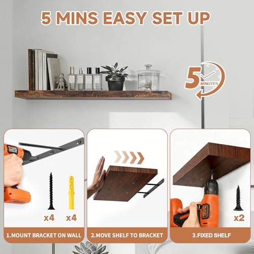 Assembly Easy Floating Shelves Set of 3,24 Inch Wall Mounted Wooden Shelf, Rustic Hanging Shelves for Home Decor, Books and Storage, Organizer for Bedroom,Small Bathroom,Kitchen,Vintage Brown - color: Vintage Brown, size: 24IN
