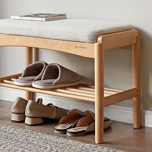 Solid Wood Shoe Bench Assembled, Shoe Rack Bench with Cushion for Entryway, Living Room, Bedroom, Hallway, 11.8" x 23.6" x 16.5", Natural - color: Natural + Light Gray, size: 23.62"