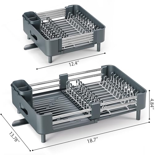 Urackify Stainless Steel Dish Drying Rack - Dish Drainer for Kitchen Counter, Extendable Drainboard with Foldable, Space-Saving Cup & Bowl Organizer, Includes Knife and Utensil Holder, Matte-Green - color: Dark Slate Teal