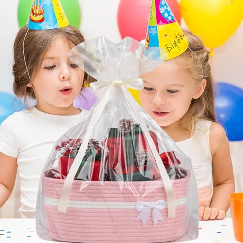 OIAHOMY Large Woven Storage Basket with Handles for Nursery Living Room Shelves, Bow Basket for Gifts Empty with Gift Bags and Ribbons for Baby Showers Pet Toy Bin - Pink - color: Pink