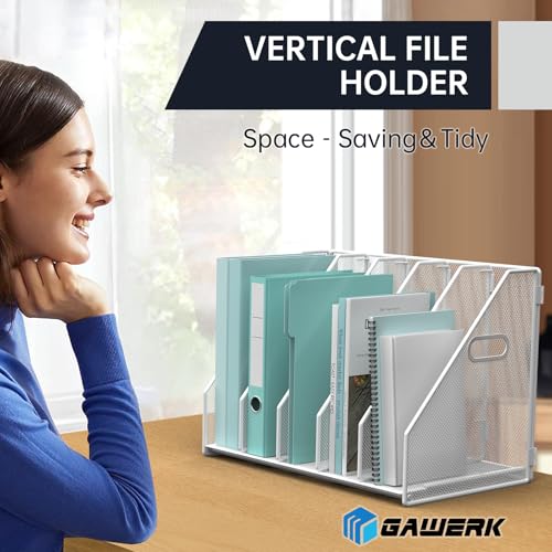MINDEPOT Desk File Organizer Metal Desk Magazine Folder Holder with 5 Vertical Compartments Rack File Organizer for Office, Home, School (White) - color: White