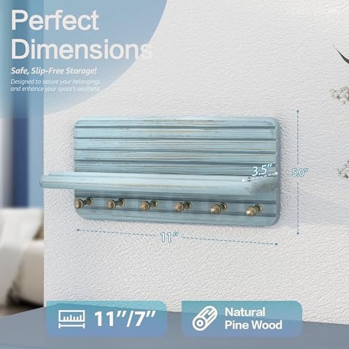 Rebee Vision Pine Wood Key Holder Wall Mount for Room Accessories – Decorative Key Holder for Wall with 6 Hooks & Floating Shelf – Rustic Wall Organizer for Home Decor Aesthetic (Blue) - color: Blue, size: Medium-11inch